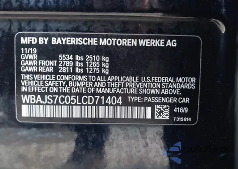 2020 BMW M550I xDrive из США, поврежденный, VIN WBAJS7C05LCD71404